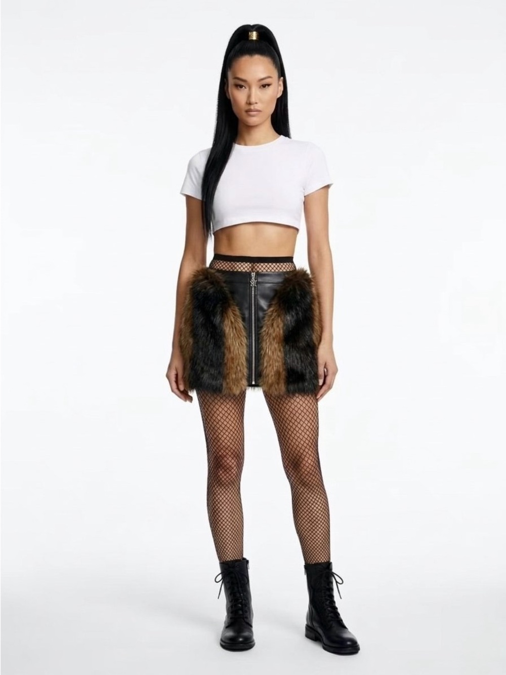New🔥Faux Fur Trim Leather Mini Skirt - Brown/Black
